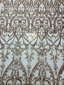 Damask Fabric - Matte Gold - Embroidered Sequin Fabric On 4 Way Stretch Mesh Fabric By The Yard