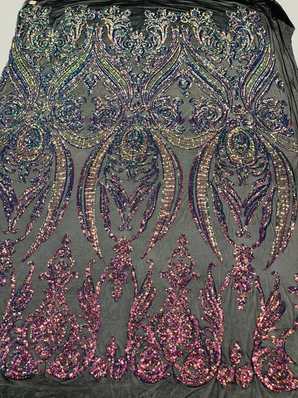 Big Damask Sequins Fabric - Rainbow - 4 Way Stretch Damask Sequins Design Fabric By Yard