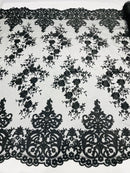 Damask Lace - Black - Floral Damask Design Embroidered on Mesh Lace Fabric
