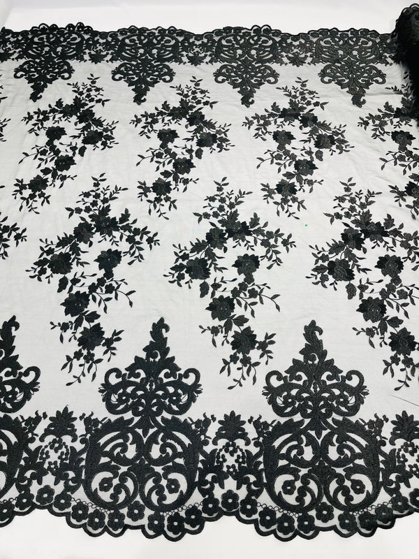 Damask Lace - Black - Floral Damask Design Embroidered on Mesh Lace Fabric