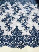 Damask Lace - Navy Blue - Floral Damask Design Embroidered on Mesh Lace Fabric