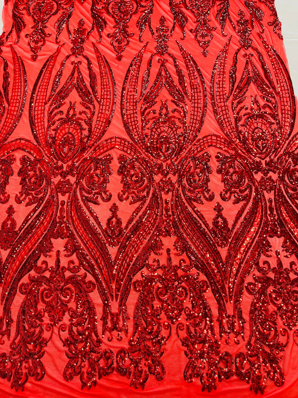 Big Damask Sequins Fabric - Red - 4 Way Stretch Damask Sequins Design Fabric By Yard