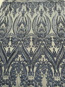Big Damask Sequins Fabric - Navy Blue - 4 Way Stretch Damask Sequins Design Fabric By Yard