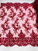 Damask Lace - Burgundy - Floral Damask Design Embroidered on Mesh Lace Fabric
