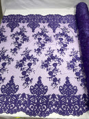 Damask Lace - Purple - Floral Damask Design Embroidered on Mesh Lace Fabric