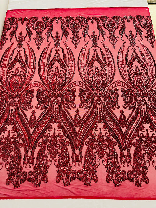 Big Damask Sequins Fabric - Burgundy - 4 Way Stretch Damask Sequins Design Fabric By Yard