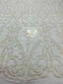 Damask Fabric - White - Embroidered Sequin Fabric On 4 Way Stretch Mesh Fabric By The Yard