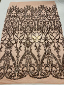 Damask Fabric - Dusty Rose - Embroidered Sequin Fabric On 4 Way Stretch Mesh Fabric By The Yard