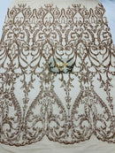 Damask Fabric - Matte Champagne - Embroidered Sequin Fabric On 4 Way Stretch Mesh Fabric By The Yard