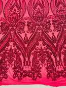 Big Damask Sequins Fabric - Fuchsia - 4 Way Stretch Damask Sequins Design Fabric By Yard