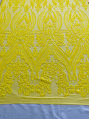 Big Damask Sequins Fabric - Yellow - 4 Way Stretch Damask Sequins Design Fabric By Yard