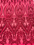 Big Damask Sequins Fabric - Fuchsia - 4 Way Stretch Damask Sequins Design Fabric By Yard