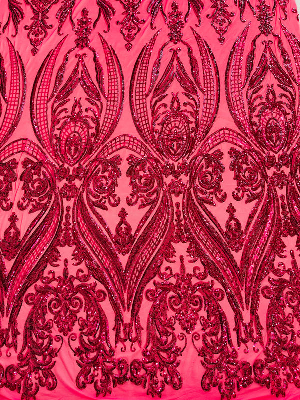 Big Damask Sequins Fabric - Fuchsia - 4 Way Stretch Damask Sequins Design Fabric By Yard