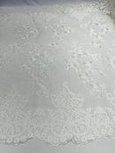 Damask Lace - Off-White - Floral Damask Design Embroidered on Mesh Lace Fabric