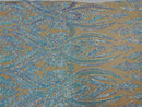 Big Damask Sequins Fabric - Aqua Iridescent Nude - 4 Way Stretch Damask Sequins Design Fabric By Yard