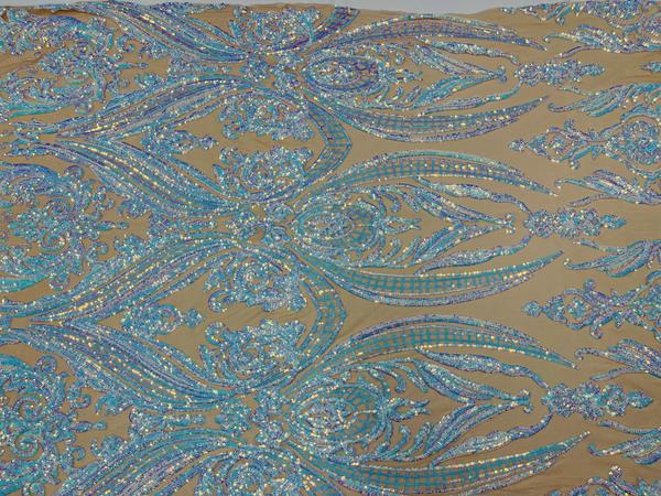 Big Damask Sequins Fabric - Aqua Iridescent Nude - 4 Way Stretch Damask Sequins Design Fabric By Yard