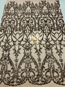 Damask Fabric - Dusty Rose - Embroidered Sequin Fabric On 4 Way Stretch Mesh Fabric By The Yard