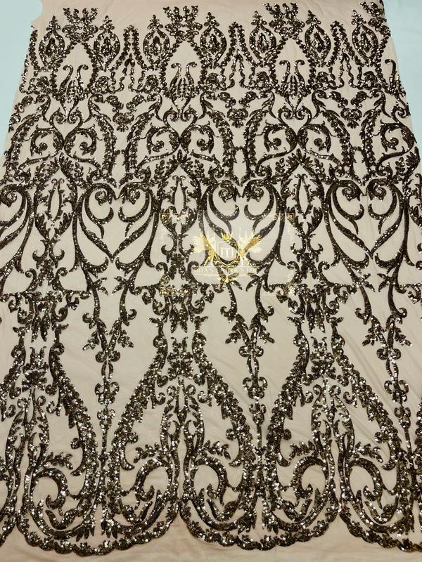 Damask Fabric - Dusty Rose - Embroidered Sequin Fabric On 4 Way Stretch Mesh Fabric By The Yard