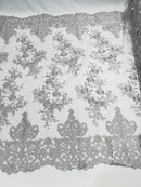 Damask Lace - Silver - Floral Damask Design Embroidered on Mesh Lace Fabric