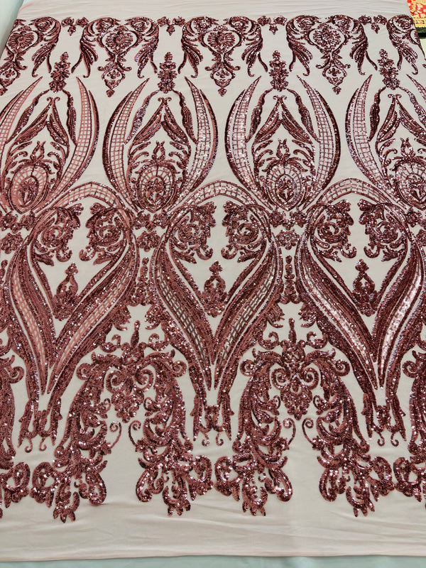 Big Damask Sequins Fabric - Pink - 4 Way Stretch Damask Sequins Design Fabric By Yard
