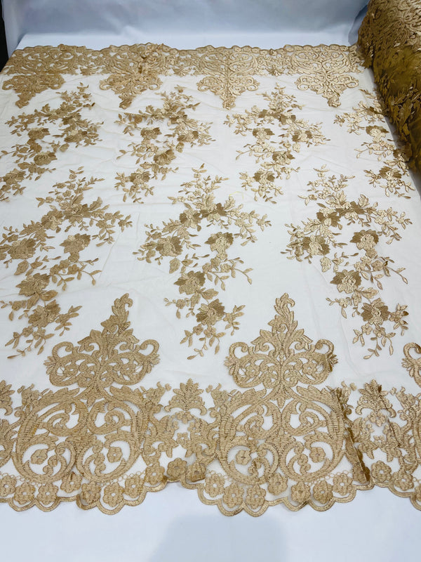 Damask Lace - Champagne - Floral Damask Design Embroidered on Mesh Lace Fabric