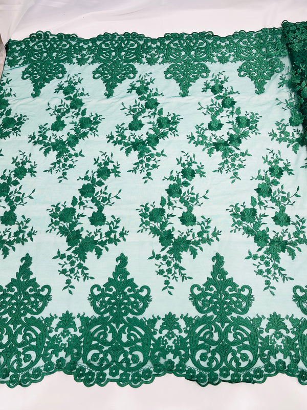 Damask Lace - Hunter Green - Floral Damask Design Embroidered on Mesh Lace Fabric