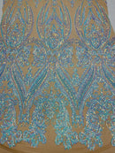 Big Damask Sequins Fabric - Aqua Iridescent Nude - 4 Way Stretch Damask Sequins Design Fabric By Yard