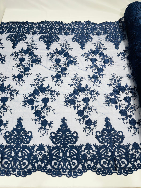 Damask Lace - Navy Blue - Floral Damask Design Embroidered on Mesh Lace Fabric