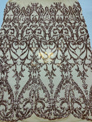 Damask Fabric - Rose Gold - Embroidered Sequin Fabric On 4 Way Stretch Mesh Fabric By The Yard