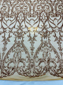 Damask Fabric - Matte Gold - Embroidered Sequin Fabric On 4 Way Stretch Mesh Fabric By The Yard