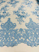 Damask Lace - Baby Blue - Floral Damask Design Embroidered on Mesh Lace Fabric