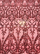 Damask Fabric - Matte Burgundy - Embroidered Sequin Fabric On 4 Way Stretch Mesh Fabric By The Yard