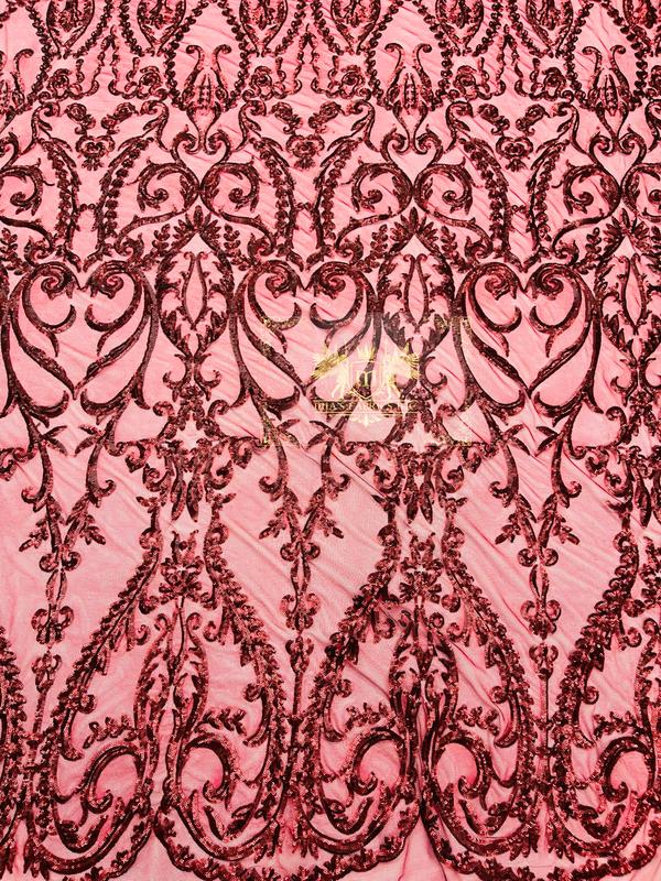 Damask Fabric - Matte Burgundy - Embroidered Sequin Fabric On 4 Way Stretch Mesh Fabric By The Yard