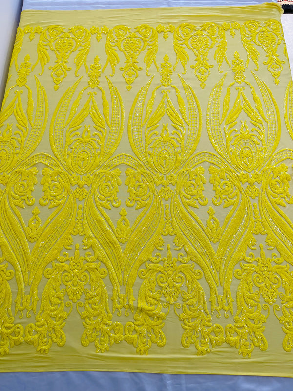 Big Damask Sequins Fabric - Yellow - 4 Way Stretch Damask Sequins Design Fabric By Yard