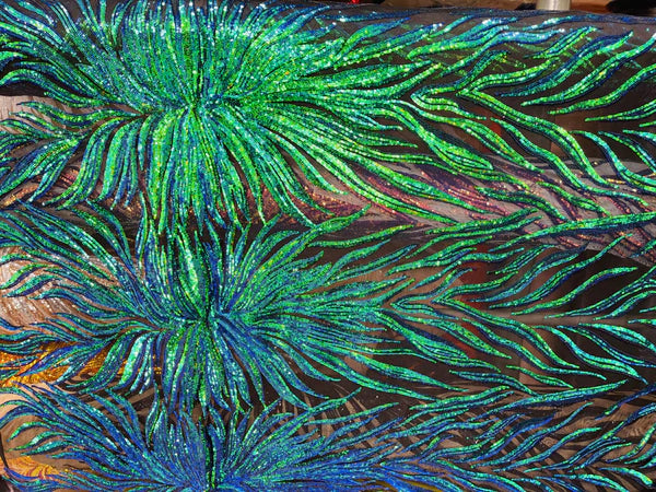 Iridescent Fabric - Mermaid Green - Wing Line Design 4 Way Stretch Mesh Lace Fabric By Yard