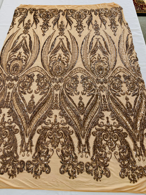 Big Damask Sequins Fabric - Mocha - 4 Way Stretch Damask Sequins Design Fabric By Yard
