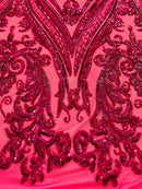 Big Damask Sequins Fabric - Fuchsia - 4 Way Stretch Damask Sequins Design Fabric By Yard