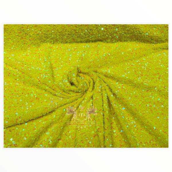 Velvet Stretch Sequins - YELLOW Iridescent Sequins on 2 Way Stretch Velvet Fabric 58/60”