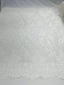 Damask Lace - Off-White - Floral Damask Design Embroidered on Mesh Lace Fabric