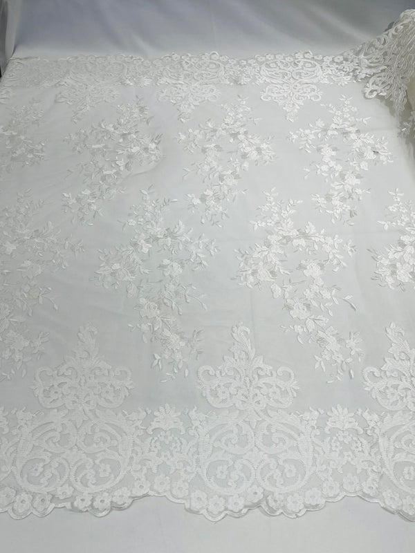 Damask Lace - Off-White - Floral Damask Design Embroidered on Mesh Lace Fabric
