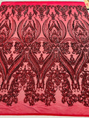 Big Damask Sequins Fabric - Burgundy - 4 Way Stretch Damask Sequins Design Fabric By Yard