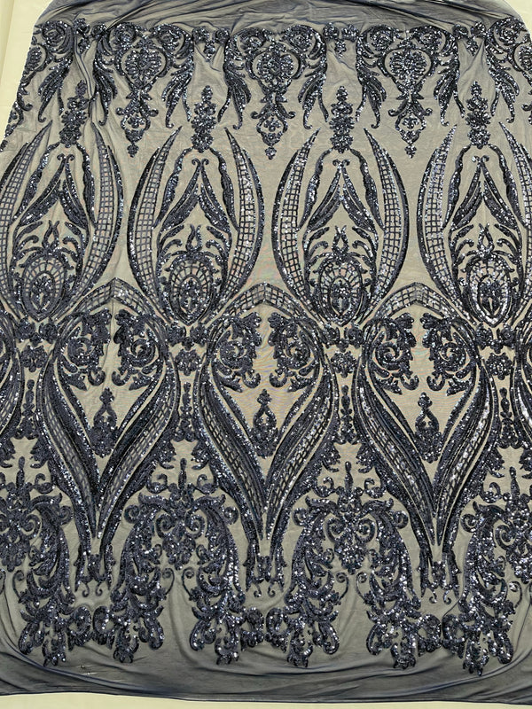 Big Damask Sequins Fabric - Navy Blue - 4 Way Stretch Damask Sequins Design Fabric By Yard