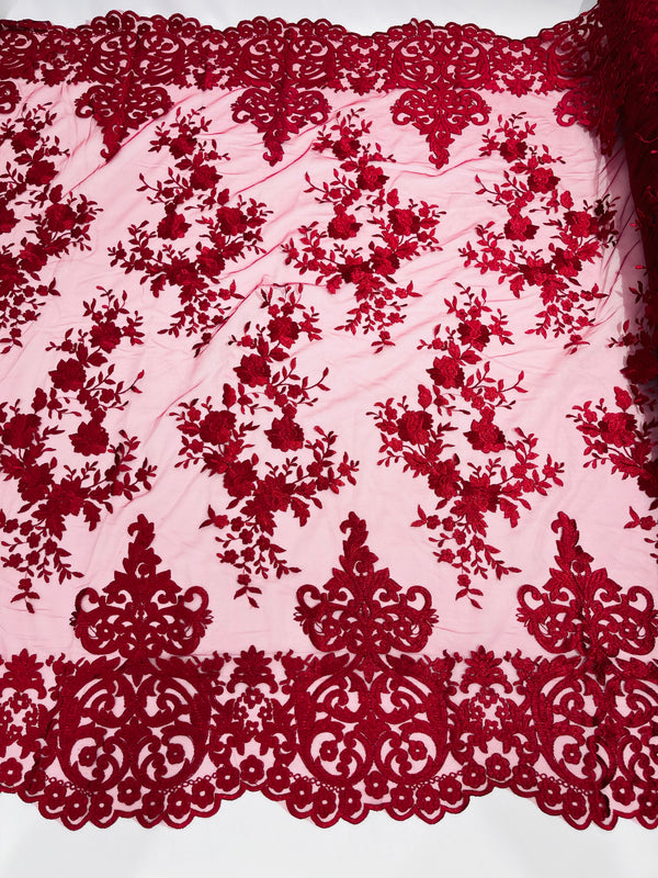 Damask Lace - Burgundy - Floral Damask Design Embroidered on Mesh Lace Fabric