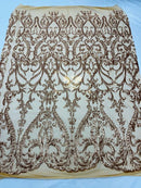 Damask Fabric - Matte Gold - Embroidered Sequin Fabric On 4 Way Stretch Mesh Fabric By The Yard