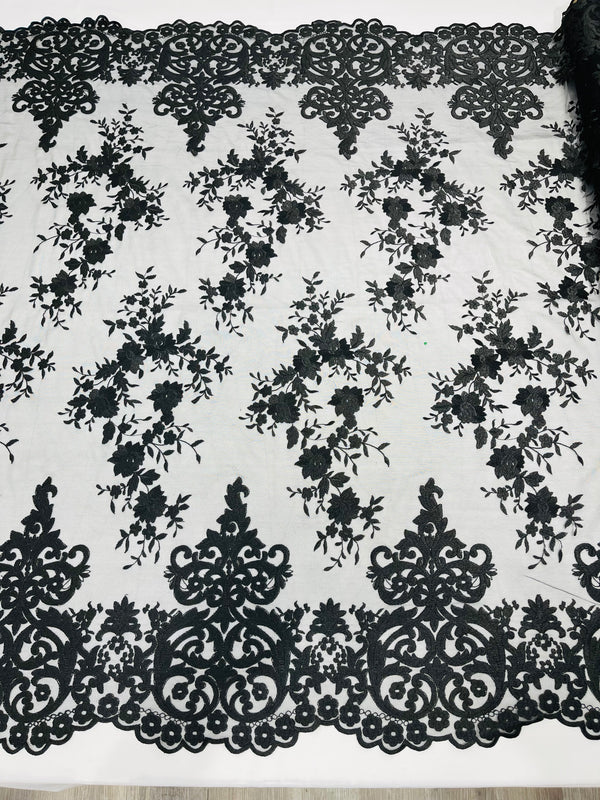 Damask Lace - Black - Floral Damask Design Embroidered on Mesh Lace Fabric