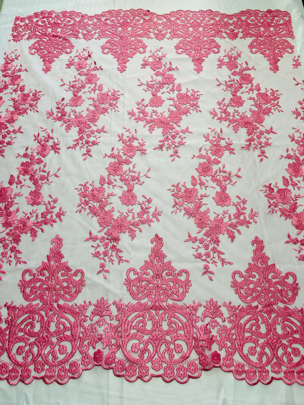 Damask Lace - Bubble Gum Pink - Floral Damask Design Embroidered on Mesh Lace Fabric