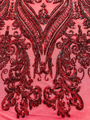 Big Damask Sequins Fabric - Burgundy - 4 Way Stretch Damask Sequins Design Fabric By Yard