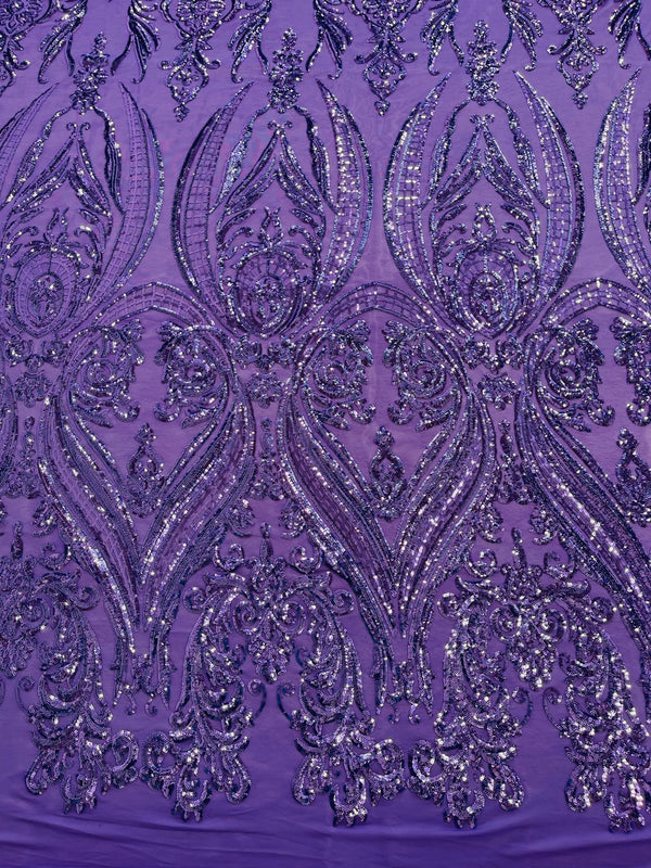 Big Damask Sequins Fabric - Lilac - 4 Way Stretch Damask Sequins Design Fabric By Yard