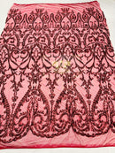 Damask Fabric - Matte Burgundy - Embroidered Sequin Fabric On 4 Way Stretch Mesh Fabric By The Yard