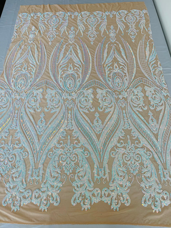 Big Damask Sequins Fabric - Iridescent Aqua  - 4 Way Stretch Damask Sequins Design Fabric By Yard